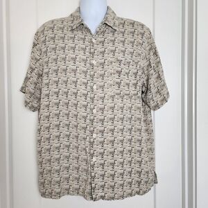 Vintage Silk '69 Geo Tiki Hawaiian‎ Print Silk Shirt XL Retro Dad Core Art Aloha